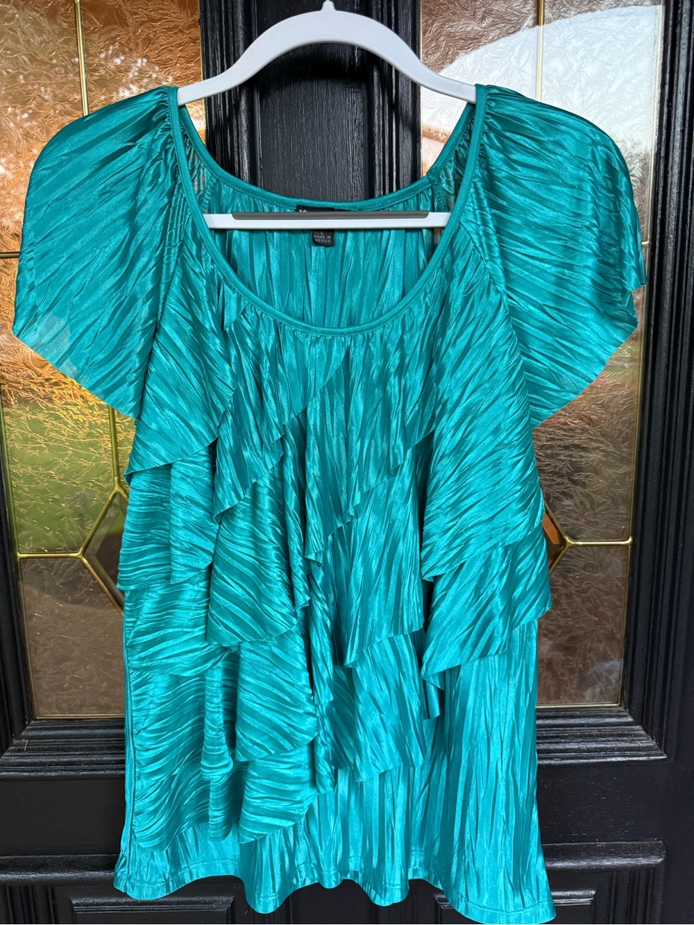 new directions Teal Pleated Ruffle-Front Blouse - Size Large (EUC)